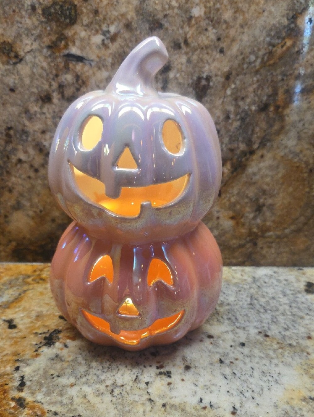 Iridescent Pink Double Jack-O’-Lantern Ceramic Accent - Picture 2 of 4